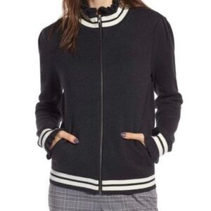 Treasure & Bond Ruffle Trim Track Jacket S Charcoal Gray Soft Knit Sweater Sport